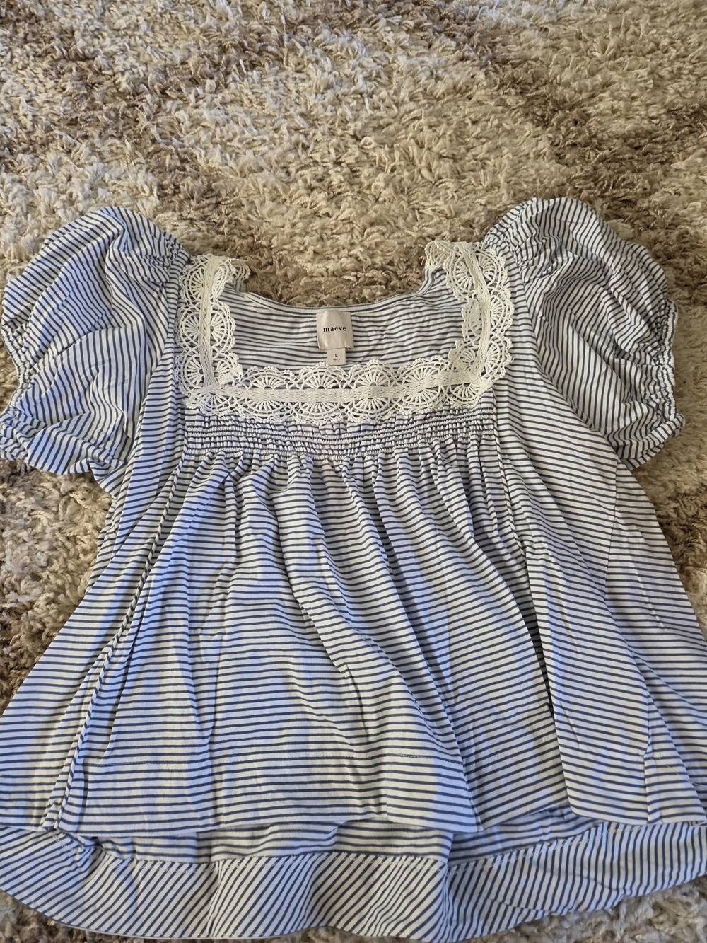 Maeve Blue and White Striped Lace-Trim Puff Sleeve Blouse